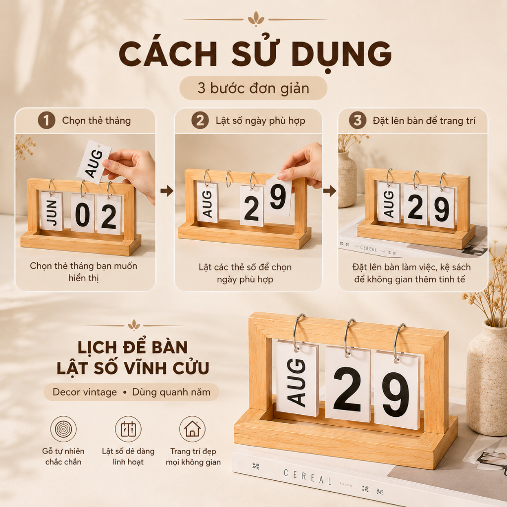 Lịch Để Bàn Lật Số Vĩnh Cửu Decor Vintage - Dùng Quanh Năm 3 Màu Gỗ Tự Nhiên Trắng Đen