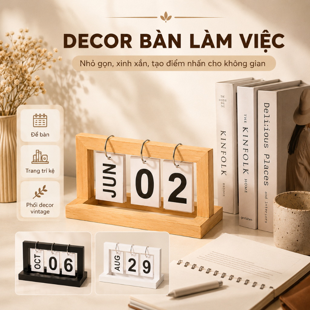 Lịch Để Bàn Lật Số Vĩnh Cửu Decor Vintage - Dùng Quanh Năm 3 Màu Gỗ Tự Nhiên Trắng Đen