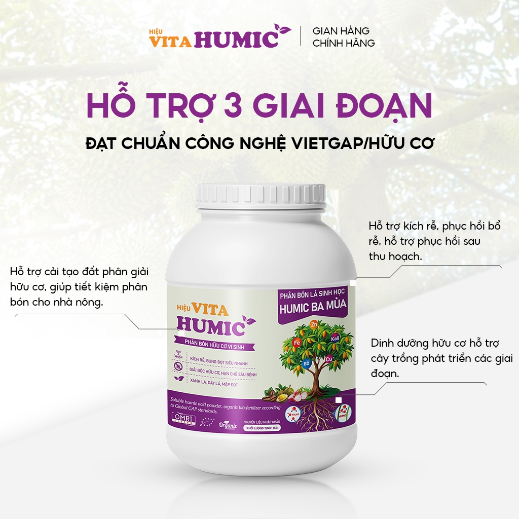 Phân bón VITA HUMIC siêu kích rễ Sầu Riêng - Phục hồi cây suy, chống thối rễ xì mủ, xanh lá dày lá (1kg)