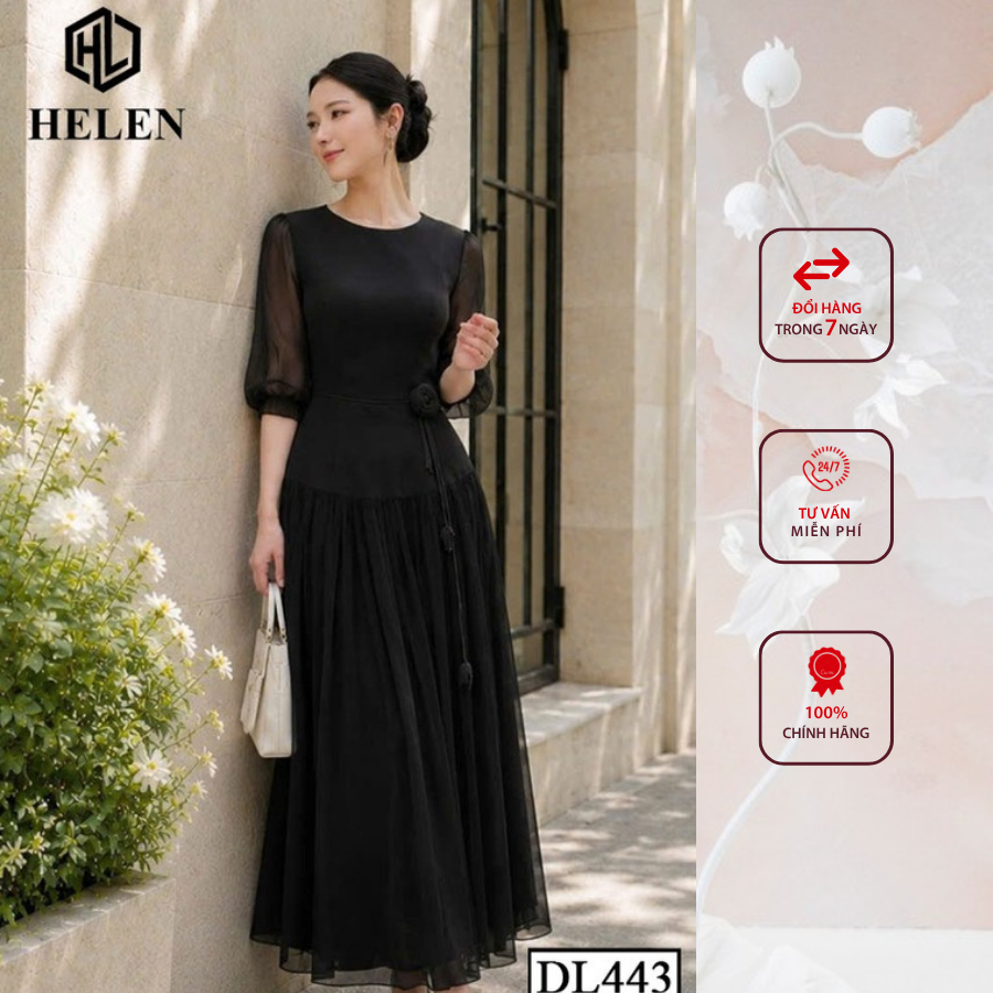 Đầm liền thân công sở HELEN thiết kế dáng xòe màu trắng đính hoa eo DL442
