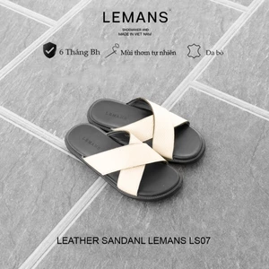 Dép nam quai chéo da bò LEMANS,màu Be LS07.2 đế cao su có mùi thơm, thiết kế quai da 3 lớp trẻ trung BH 06 tháng
