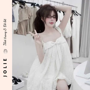 Váy Babydoll Hai Dây Phối Nơ Ngực Dáng Xòe Gấm Nổi Cao Cấp Jolie
