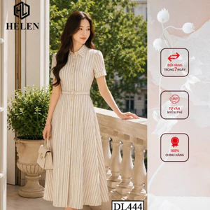 Đầm liền thân công sở HELEN thiết kế dáng xòe kẻ nâu cổ đức + kèm đai DL444