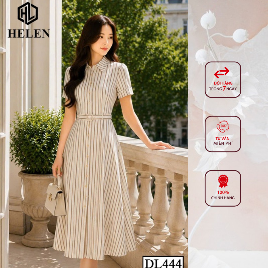 Đầm liền thân công sở HELEN thiết kế dáng xòe kẻ nâu cổ đức + kèm đai DL444