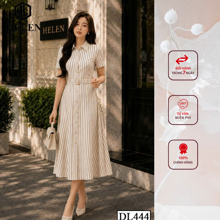 Đầm liền thân công sở HELEN thiết kế dáng xòe kẻ nâu cổ đức + kèm đai DL444