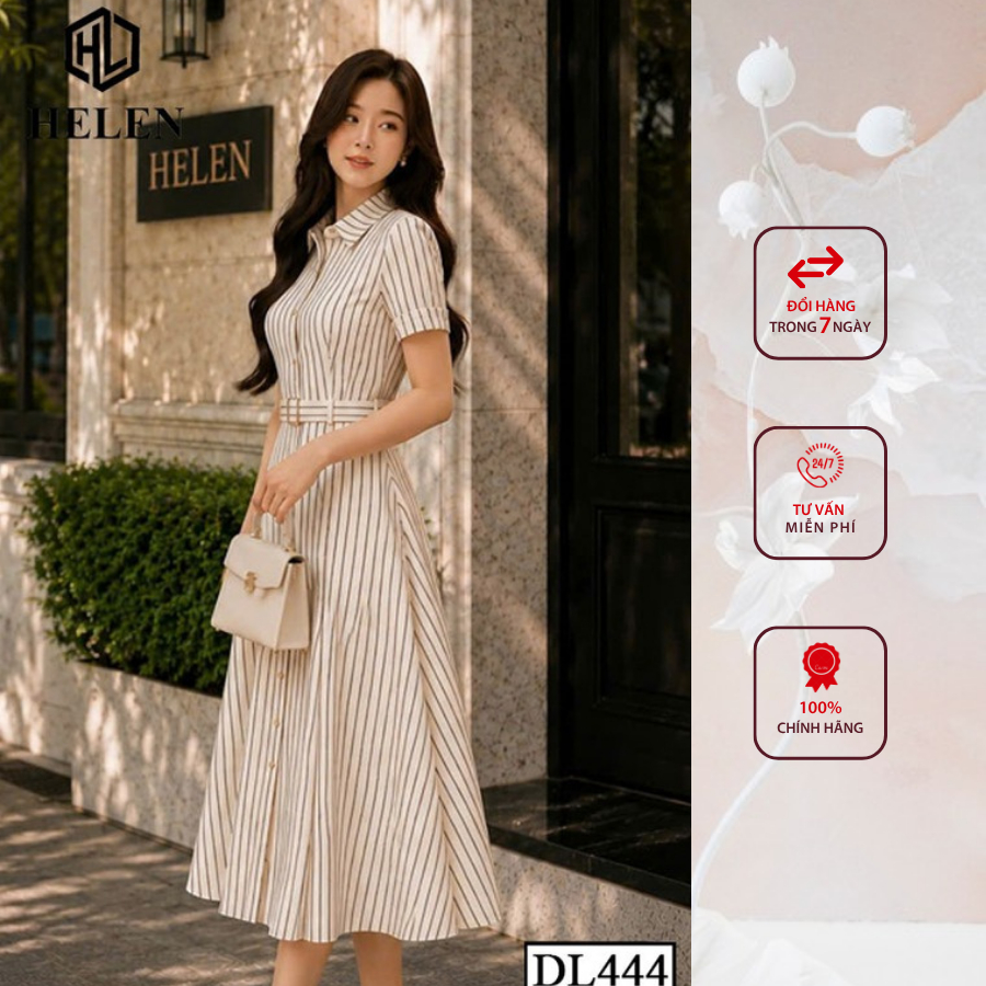 Đầm liền thân công sở HELEN thiết kế dáng xòe kẻ nâu cổ đức + kèm đai DL444