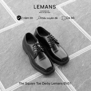Giày Mũi Vuông The Square Toe Derby LEMANS Black ĐV01.1 - Da Bò, Đế cao su 4cm, BH 24 tháng