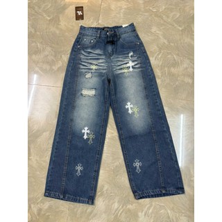 Quần Jeans Suông 2 Màu Wash Thêu Hoạ Tiết In Siêu Đáng Yêu , Cạp Cao ,Form Suông, Chất vải Cotton