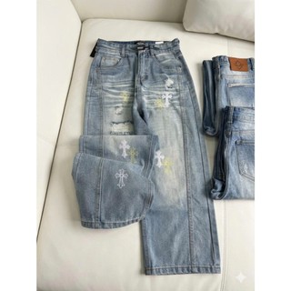 Quần Jeans Suông 2 Màu Wash Thêu Hoạ Tiết In Siêu Đáng Yêu , Cạp Cao ,Form Suông, Chất vải Cotton