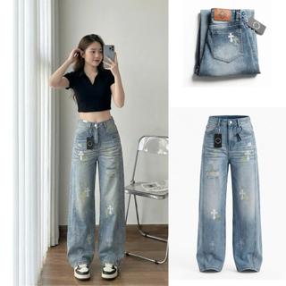 Quần Jeans Suông 2 Màu Wash Thêu Hoạ Tiết In Siêu Đáng Yêu , Cạp Cao ,Form Suông, Chất vải Cotton