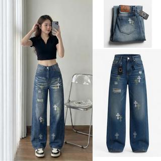 Quần Jeans Suông 2 Màu Wash Thêu Hoạ Tiết In Siêu Đáng Yêu , Cạp Cao ,Form Suông, Chất vải Cotton