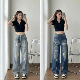 Quần Jeans Suông 2 Màu Wash Thêu Hoạ Tiết In Siêu Đáng Yêu , Cạp Cao ,Form Suông, Chất vải Cotton