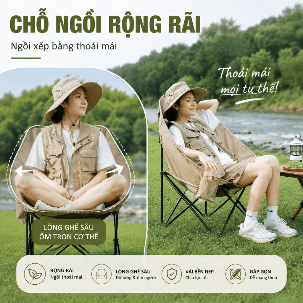 Ghế Mặt Trăng Cotton Siêu Mềm Ngồi Lâu Không Mệt, Gấp Gọn Di Động Ngoài Trời, Tải Trọng 300kg, Dùng Cho Câu Cá Cắm Trại
