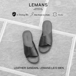 Dép quai ngang cách điệu 3.LS10 LEMANS da bò, đế cao su có mùi thơm, thiết kế quai da 3 lớp, Bảo hành 06T