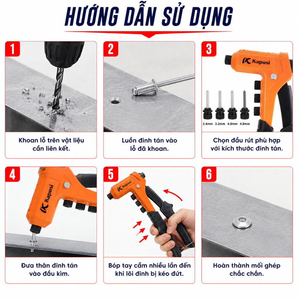 Kìm Rút Đinh Tán Kapusi K6805 Chính Hãng 8 Inch/203mm - Kìm Bấm Rive Đa Năng 2.4mm 3.2mm 4.0mm 4.8mm