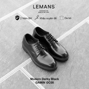 Giày công sở Modern Derby Black LEMANS GC08 da bò, đế tăng cao 4cm, giày tây tăng chiều cao BH 24T