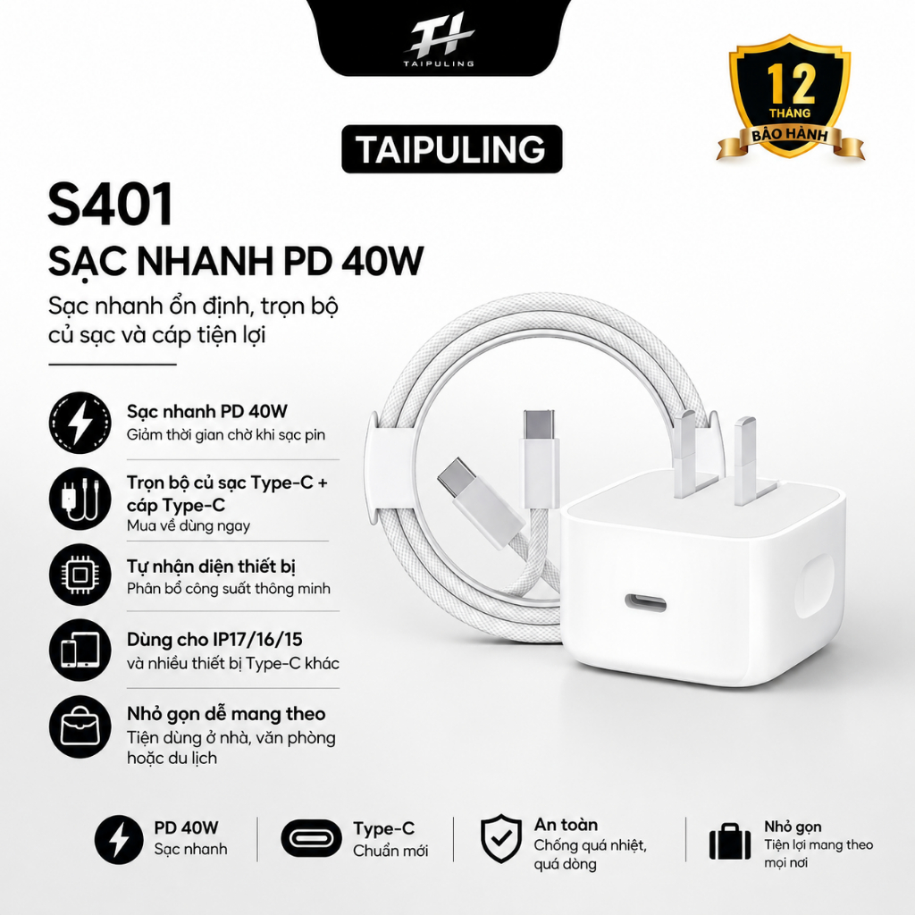 Bộ sạc nhanh PD 40W cho iPhone 17/16/15, cổng Type-C, sạc nhanh ổn định, an toàn khi sử dụng