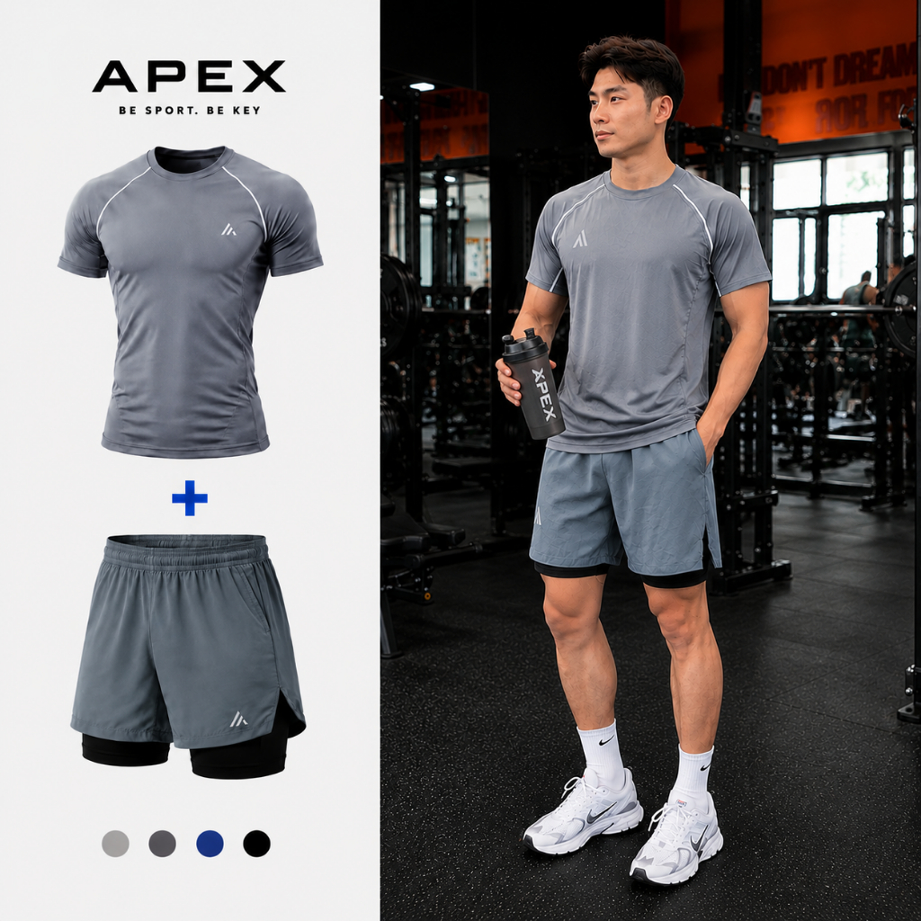 Set đồ thể thao nam APEX SPORT áo thun + quần short 2 lớp, đồ tập gym chạy bộ cầu lông nam