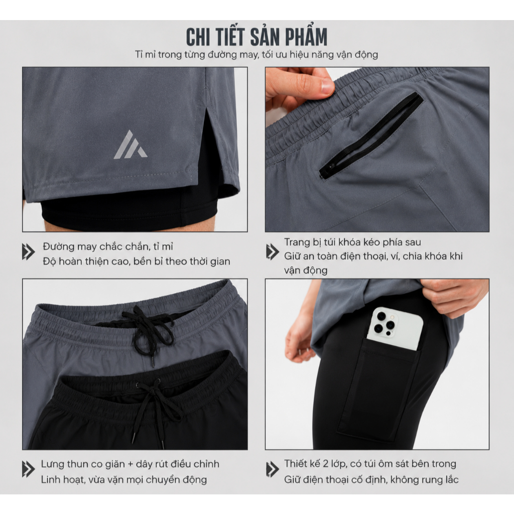 Quần Thể Thao Nam 2 Lớp - APEX SPORT - Phong Cách Hiện Đại, Vận Động Thoải Mái, Chất Liệu Thoáng Mát