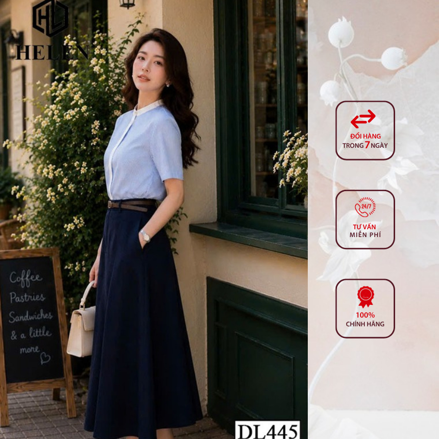 Đầm công sở HELEN thiết kế dáng xòe giả set kẻ phối chân than + kèm đai DL445
