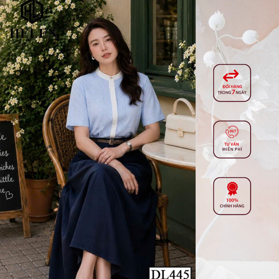 Đầm công sở HELEN thiết kế dáng xòe giả set kẻ phối chân đen + kèm đai DL448