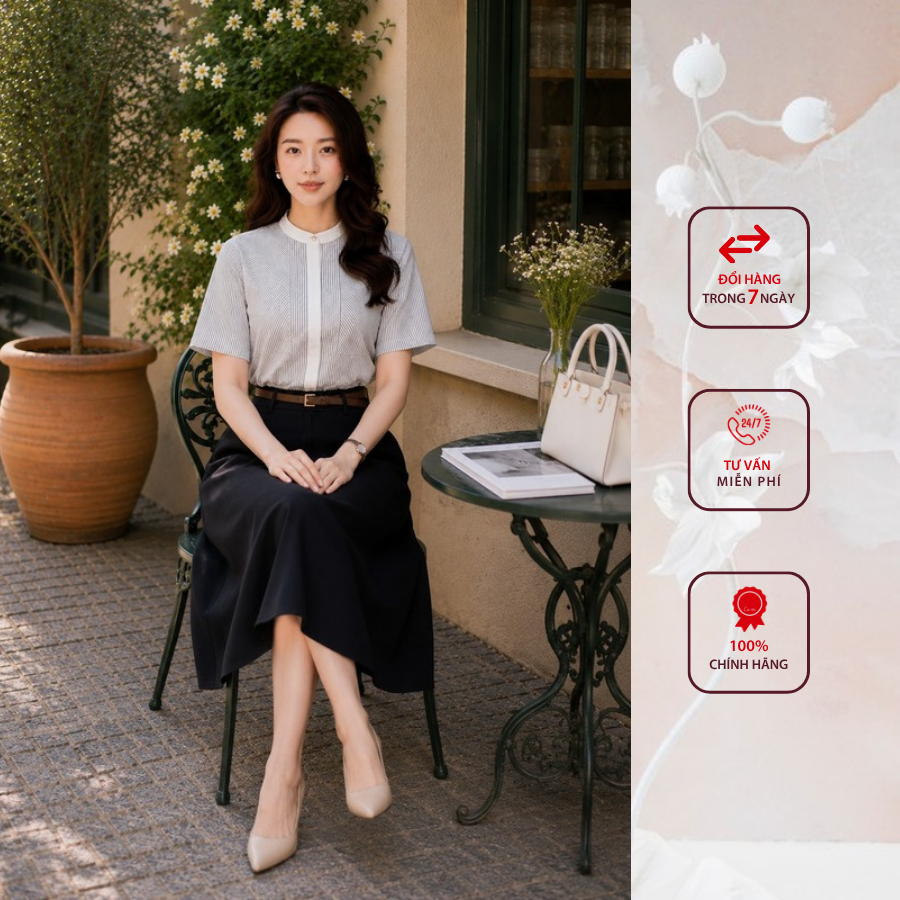 Đầm công sở HELEN thiết kế dáng xòe giả set kẻ phối chân đen + kèm đai DL448