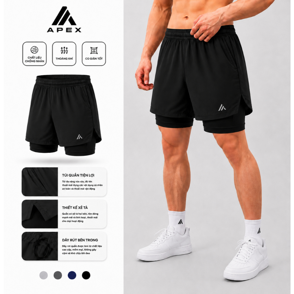 Quần Thể Thao Nam 2 Lớp - APEX SPORT - Phong Cách Hiện Đại, Vận Động Thoải Mái, Chất Liệu Thoáng Mát