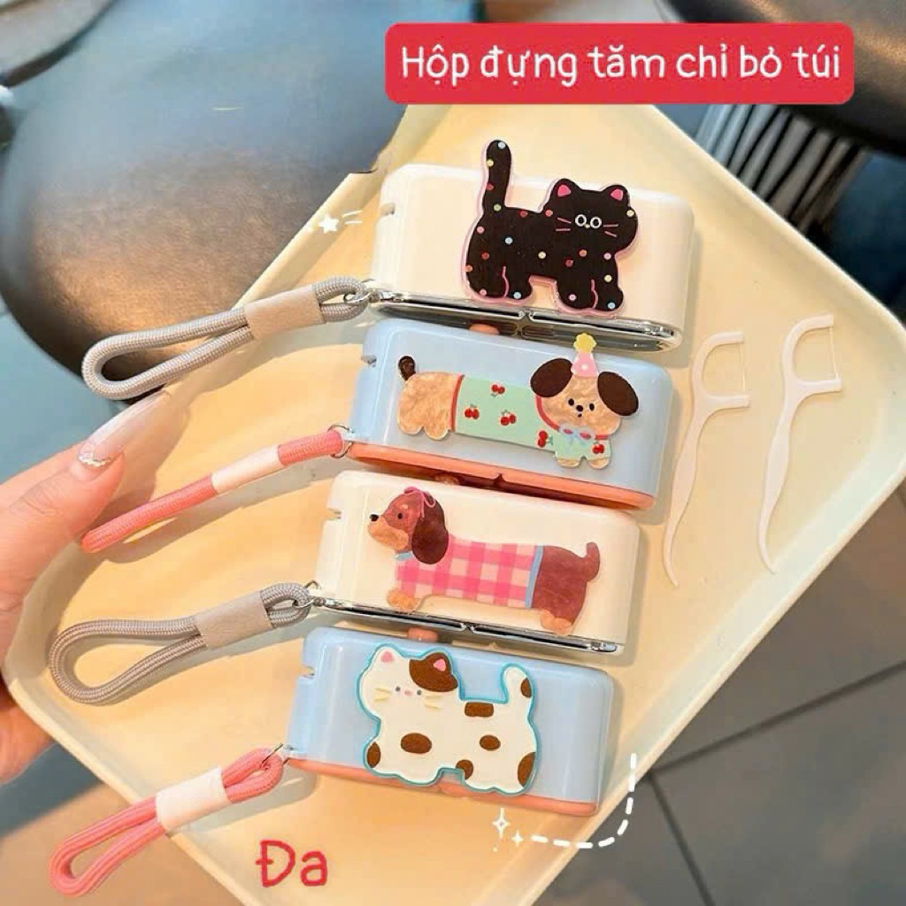 Hộp đựng tăm chỉ mini bỏ túi hoạ tiết hoạt hình tiện lợi