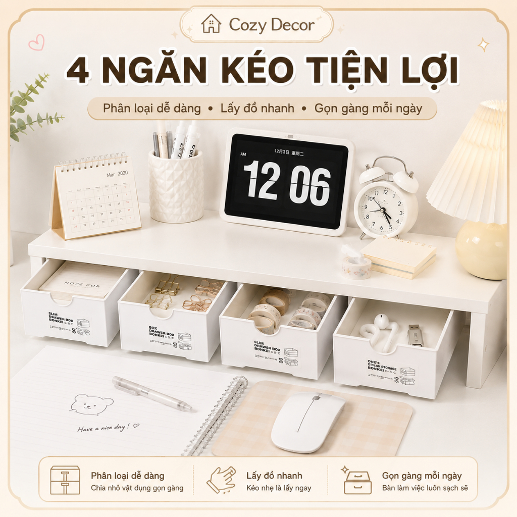 COMBO Kệ + 4 hộp ngăn kéo Rẻ Nhất kệ máy tính giá sách gỗ MDF Để Bàn Học COZY DECOR | BigBuy360 - bigbuy360.vn