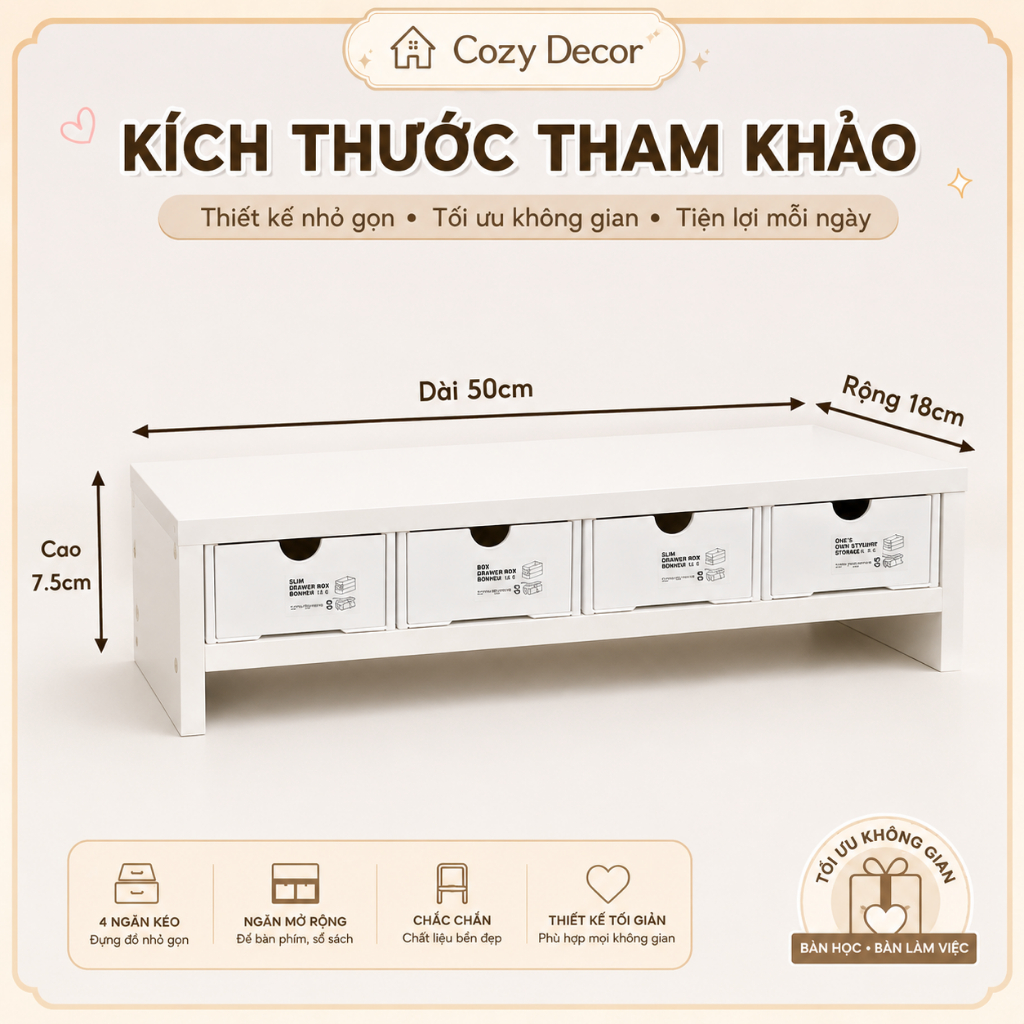 COMBO Kệ + 4 hộp ngăn kéo Rẻ Nhất kệ máy tính giá sách gỗ MDF Để Bàn Học COZY DECOR | BigBuy360 - bigbuy360.vn
