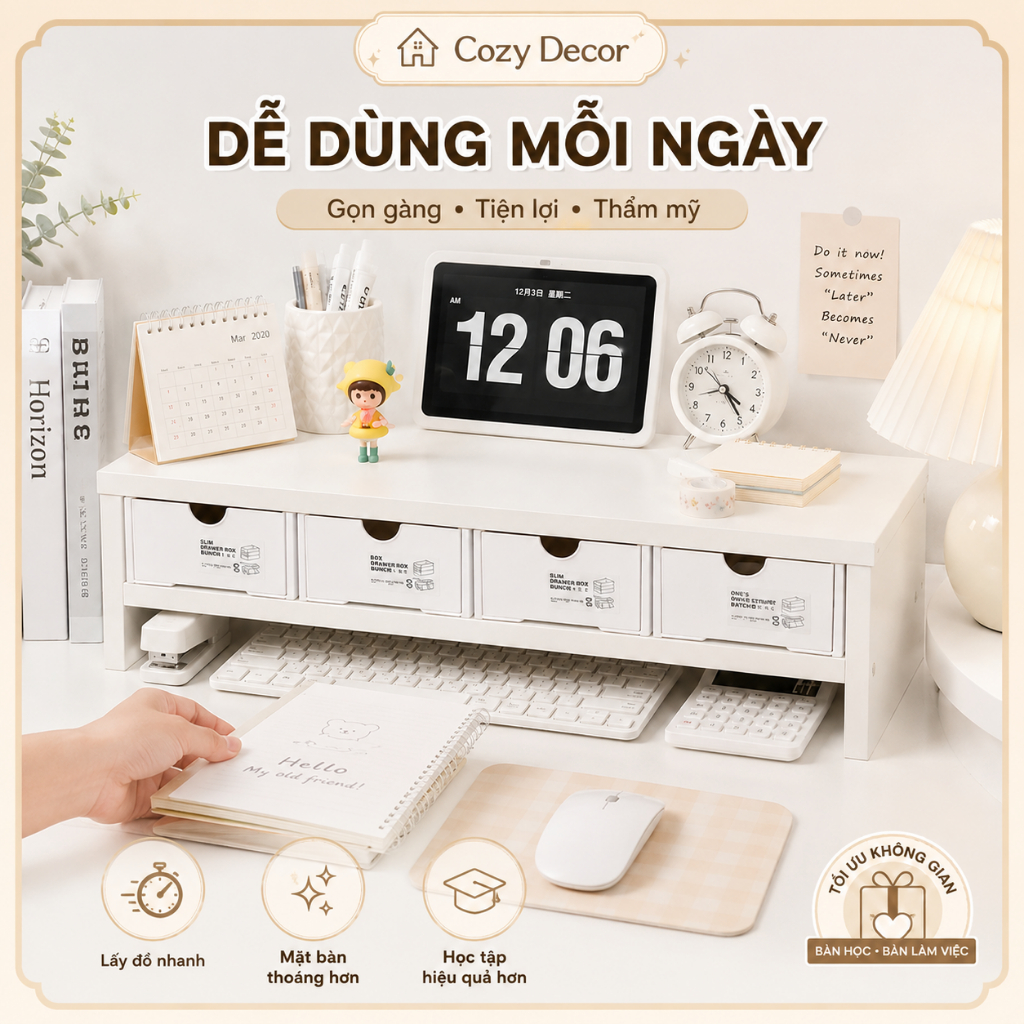 COMBO Kệ + 4 hộp ngăn kéo Rẻ Nhất kệ máy tính giá sách gỗ MDF Để Bàn Học COZY DECOR | BigBuy360 - bigbuy360.vn