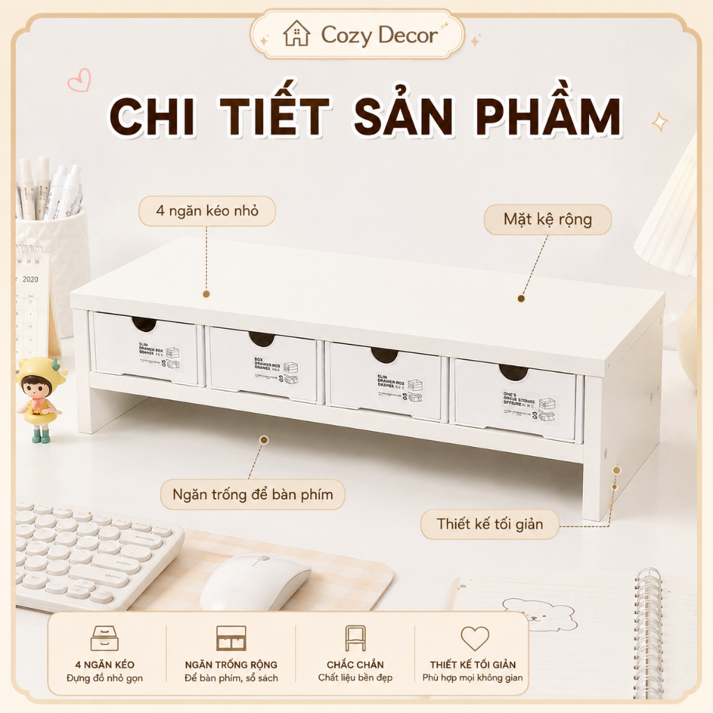 COMBO Kệ + 4 hộp ngăn kéo Rẻ Nhất kệ máy tính giá sách gỗ MDF Để Bàn Học COZY DECOR | BigBuy360 - bigbuy360.vn