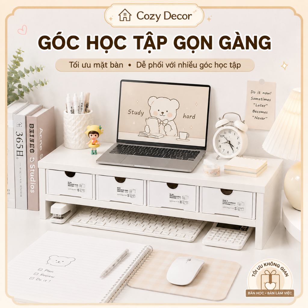 COMBO Kệ + 4 hộp ngăn kéo Rẻ Nhất kệ máy tính giá sách gỗ MDF Để Bàn Học COZY DECOR | BigBuy360 - bigbuy360.vn