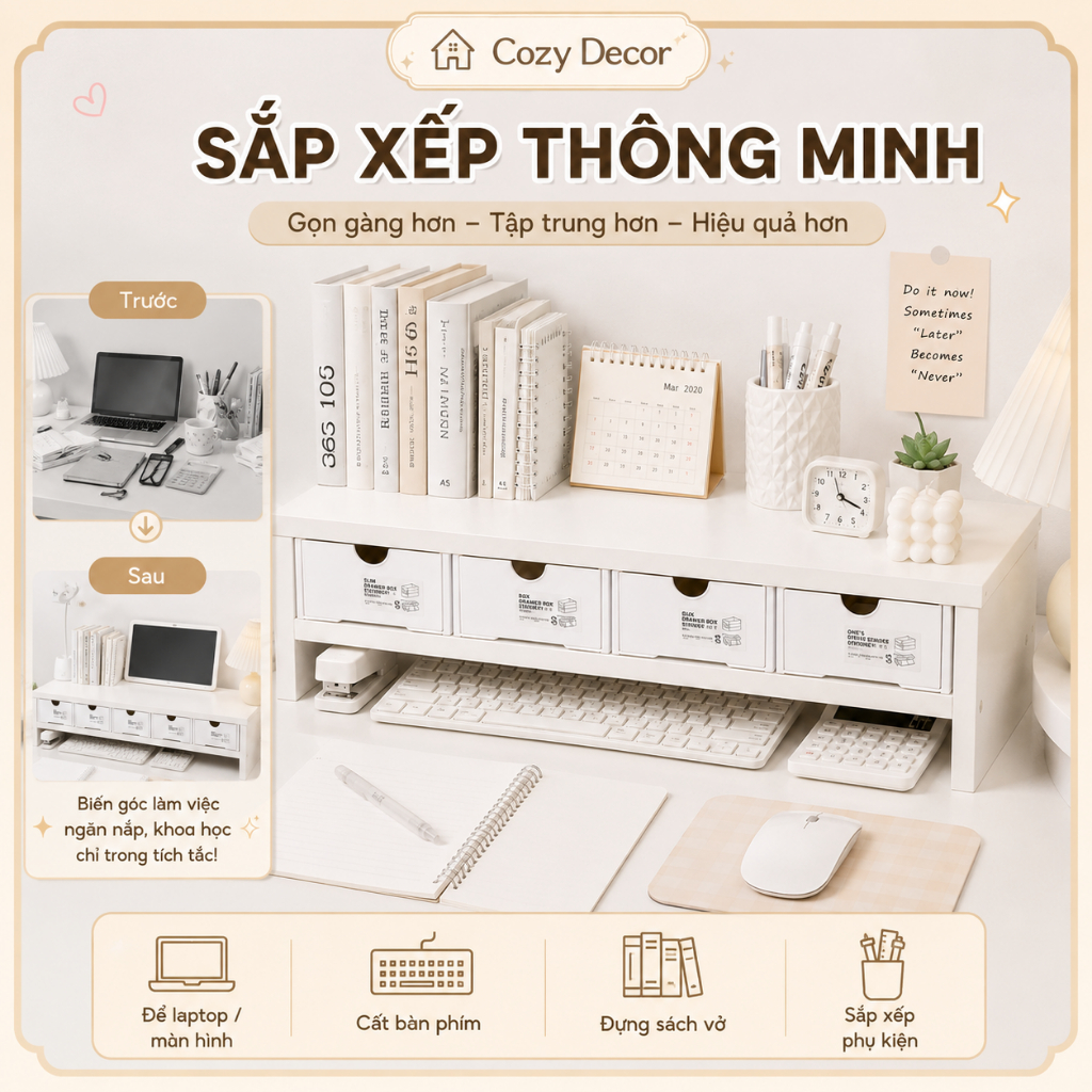 COMBO Kệ + 4 hộp ngăn kéo Rẻ Nhất kệ máy tính giá sách gỗ MDF Để Bàn Học COZY DECOR | BigBuy360 - bigbuy360.vn