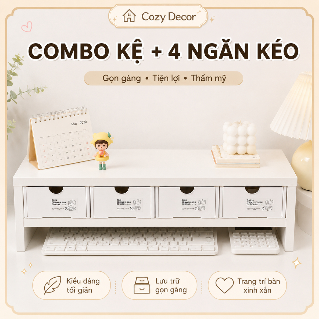 COMBO Kệ + 4 hộp ngăn kéo Rẻ Nhất kệ máy tính giá sách gỗ MDF Để Bàn Học COZY DECOR | BigBuy360 - bigbuy360.vn