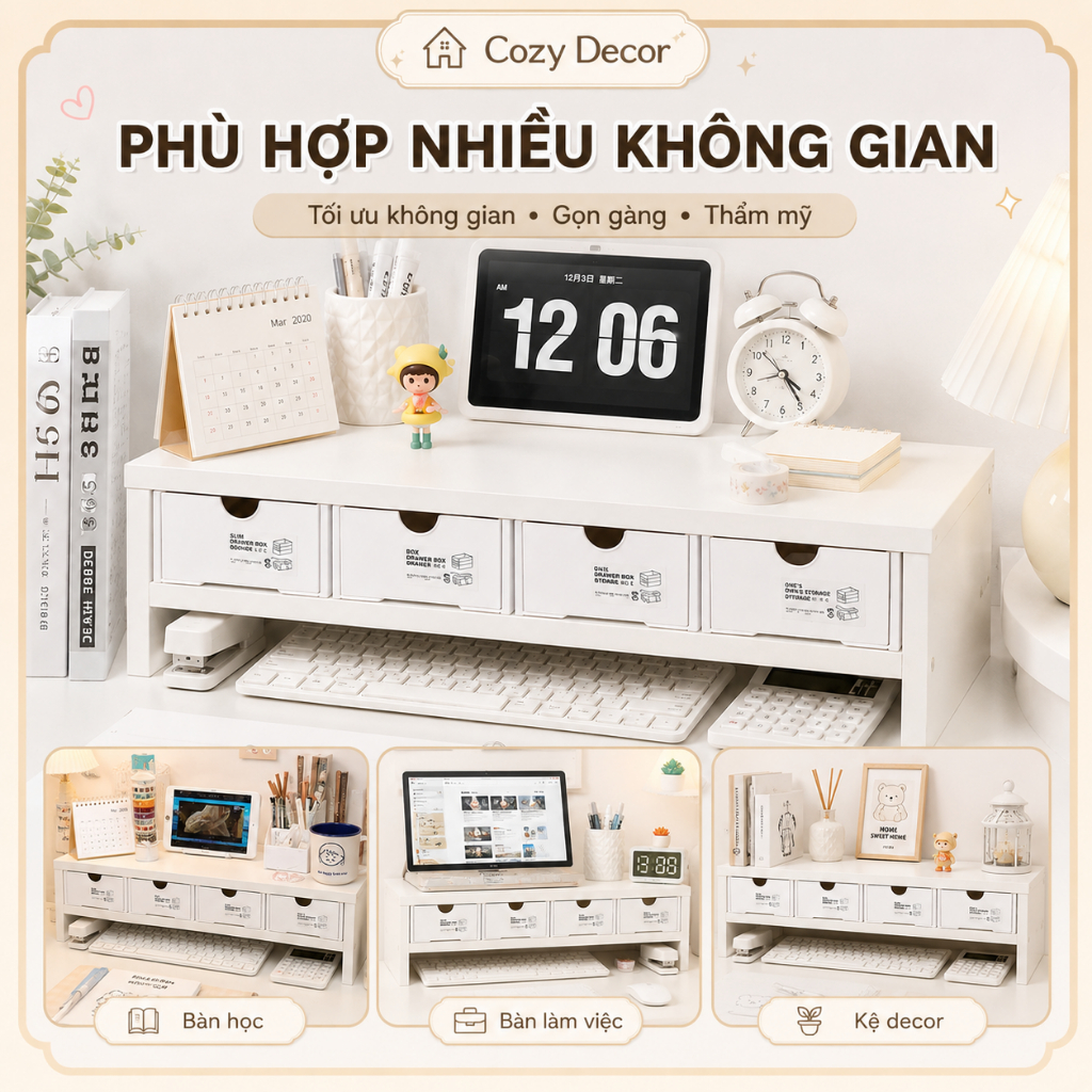 COMBO Kệ + 4 hộp ngăn kéo Rẻ Nhất kệ máy tính giá sách gỗ MDF Để Bàn Học COZY DECOR | BigBuy360 - bigbuy360.vn