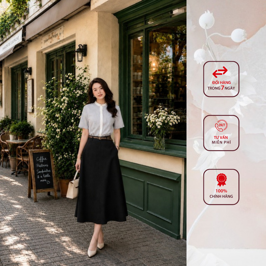 Đầm công sở HELEN thiết kế dáng xòe giả set kẻ phối chân đen + kèm đai DL448