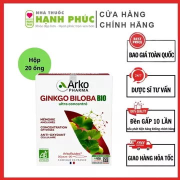 Nước Uống Ginkgo Biloba Arkopharma 20 Ống Hỗ Trợ Tuần Hoàn Máu Não Tăng Cường Trí Nhớ