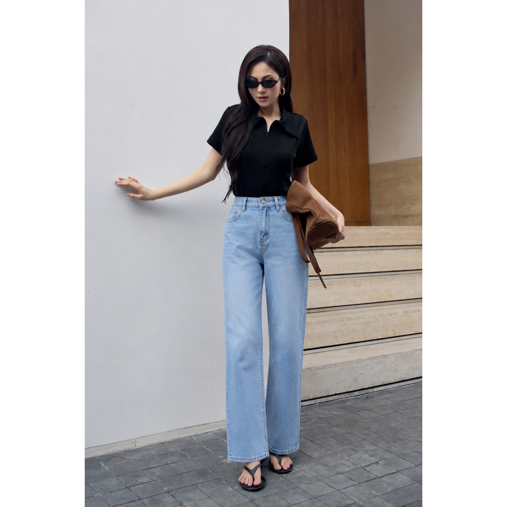 Quần Jeans Nữ Ống Suông GMORNING Form Cơ Bản Thêu Chữ Chất Denim Mềm Tôn Dáng Trẻ Trung YQJE10080