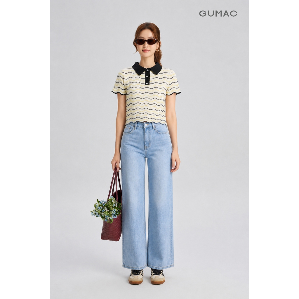 Quần Jeans Suông Nữ Gmorning - GUMAC Dài 95cm Denim Thêu Gmor Xanh Nhạt Tôn Dáng YQJE10080