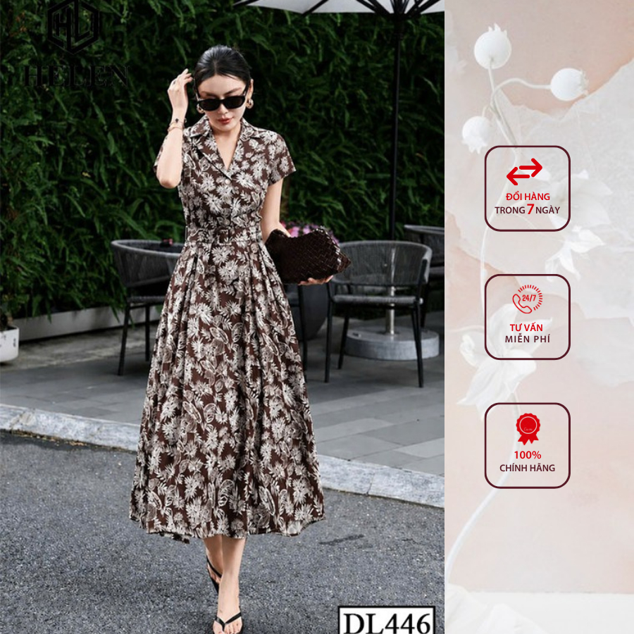 Đầm công sở HELEN thiết kế dáng xòe hoa nâu cổ vest + kèm đai DL446