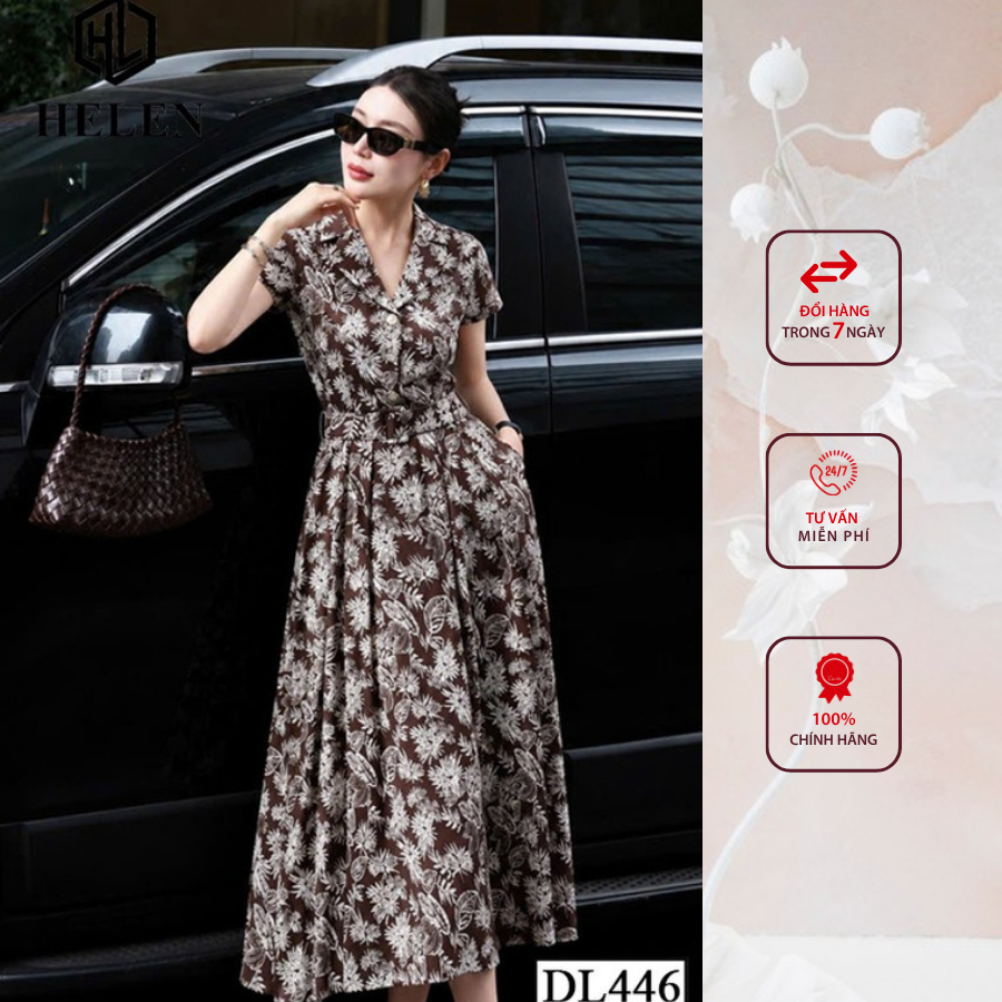 Đầm công sở HELEN thiết kế dáng xòe hoa nâu cổ vest + kèm đai DL446