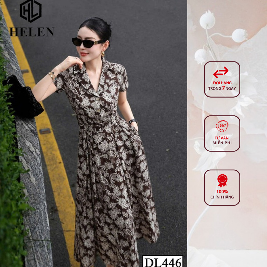 Đầm công sở HELEN thiết kế dáng xòe hoa xanh cổ vest + kèm đai DL447