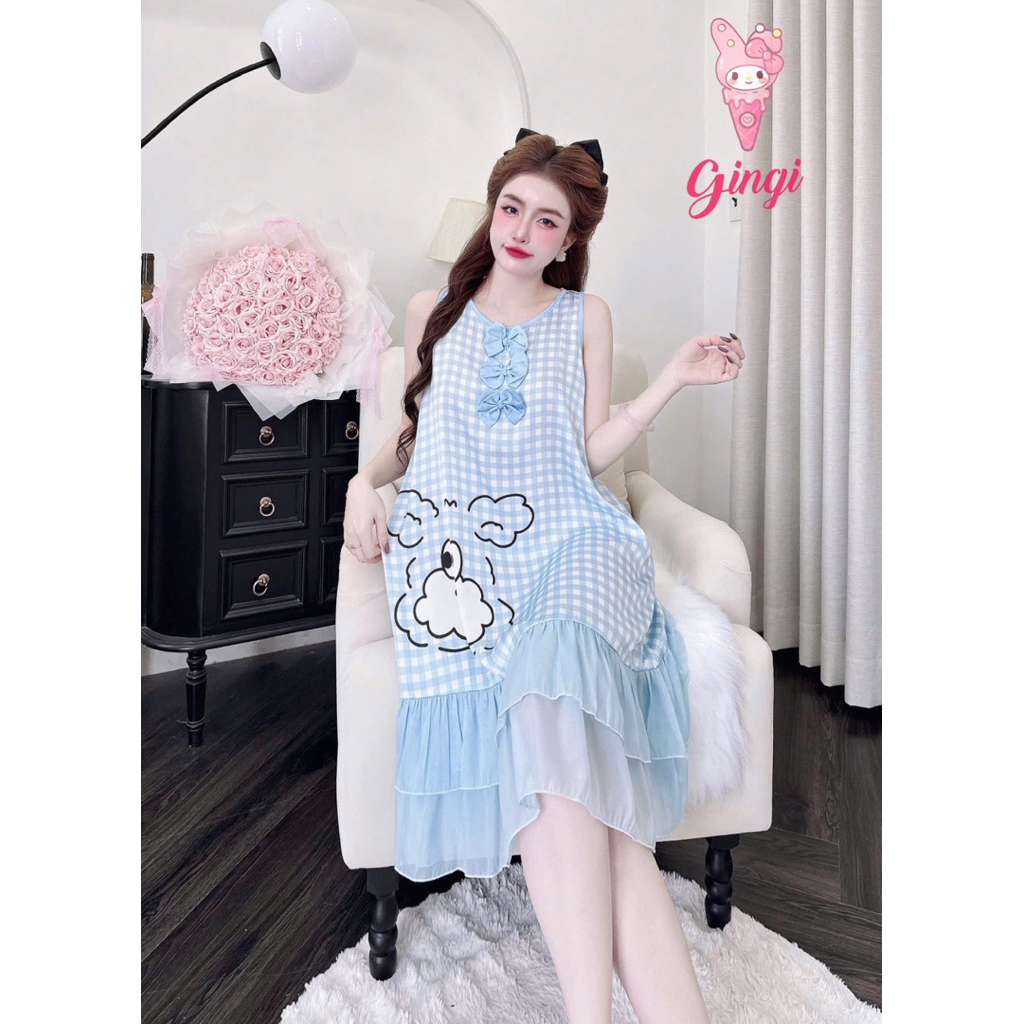 [Size40-60kg Đầm120624 ]Đầm nữ mặc nhà-mặc ngủ form cổ tròn tay tiên phối hoạ tiết đáng yêu chất lụa latin