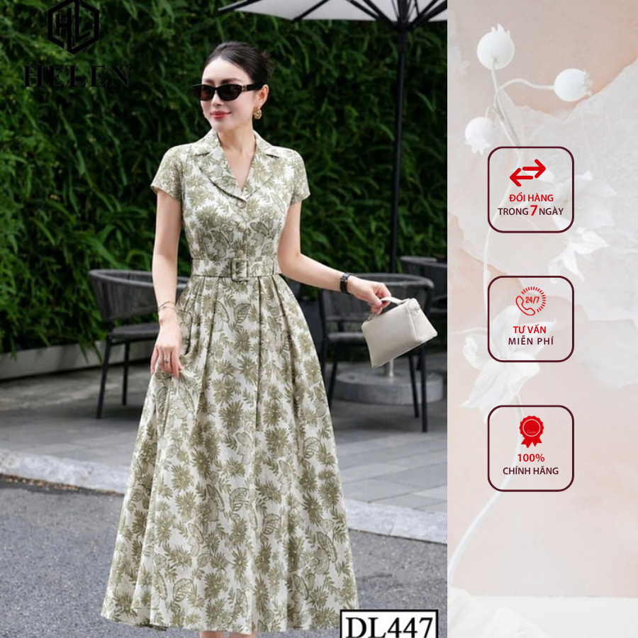 Đầm công sở HELEN thiết kế dáng xòe hoa xanh cổ vest + kèm đai DL447