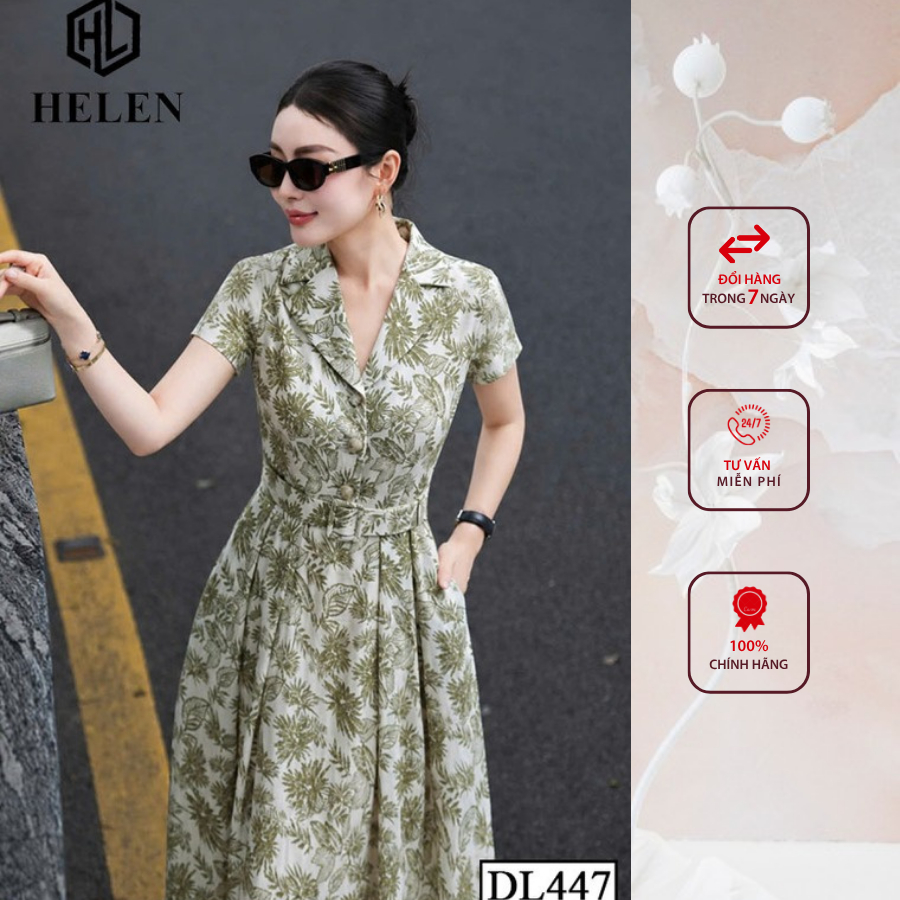 Đầm công sở HELEN thiết kế dáng xòe hoa xanh cổ vest + kèm đai DL447