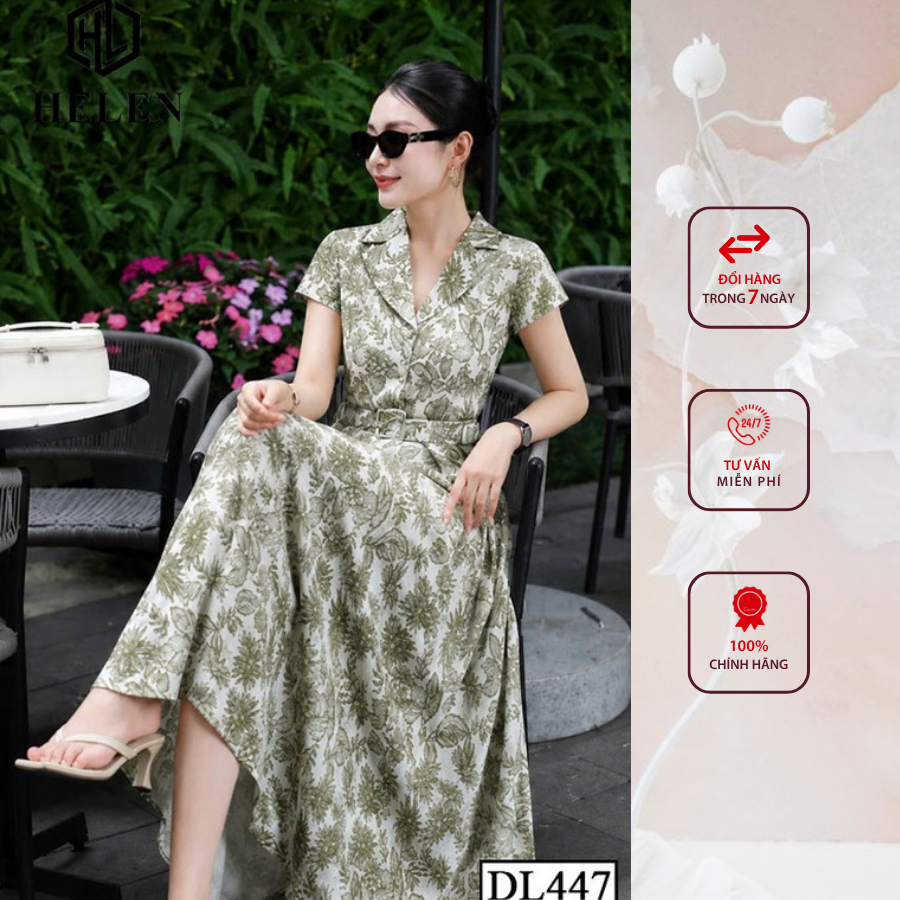 Đầm công sở HELEN thiết kế dáng xòe hoa xanh cổ vest + kèm đai DL447