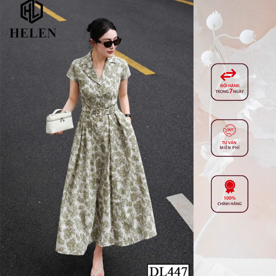 Đầm công sở HELEN thiết kế dáng xòe hoa xanh cổ vest + kèm đai DL447