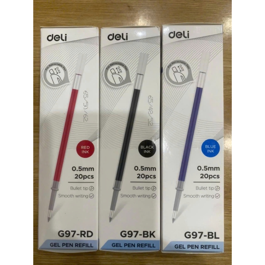 Ruột Bút Bi Nước Béo Deli G97-BK 0.5mm – Mực Xanh/Đen/Đỏ, Viết Êm Mượt, Thay Ruột Tiện Lợi