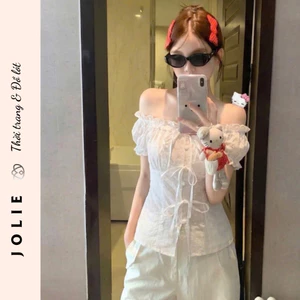 Áo Trễ Vai Thắt Nơ Thêu Hoa Đục Lỗ Phom ôm Chiết Eo Cao Cấp Jolie